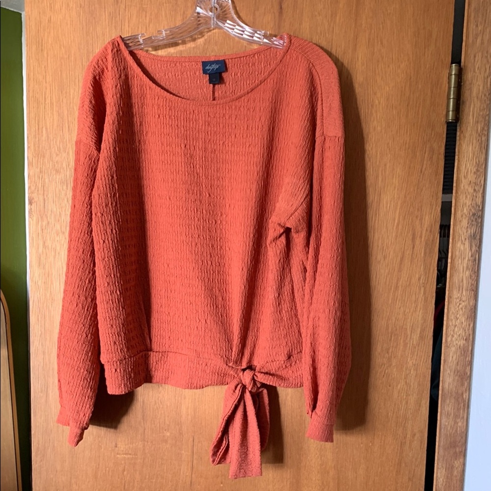 Daytrip Orange Textured Long Sleeve Top with Tie Detail
